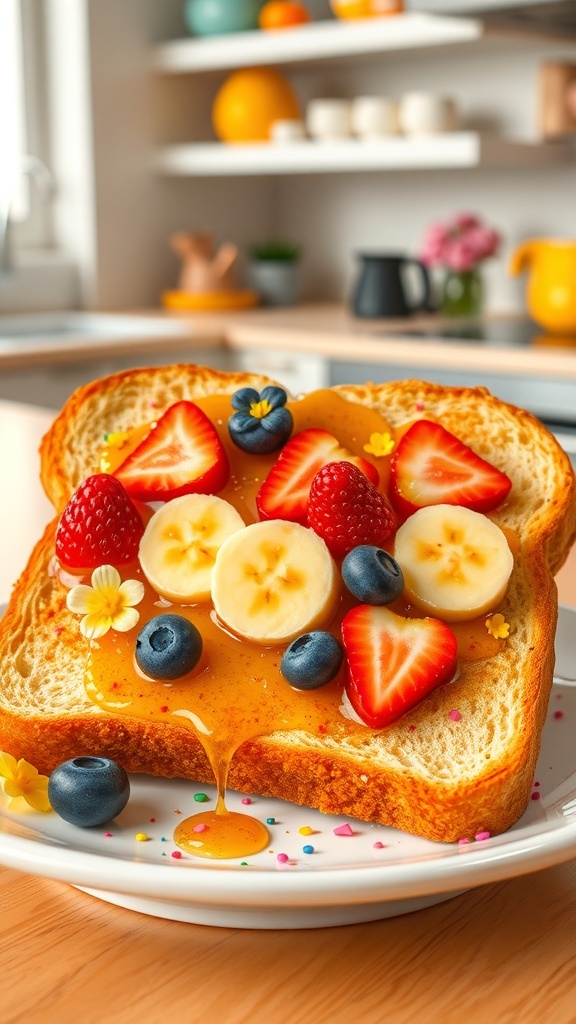 Whimsical toast with colorful fruits and sprinkles inspired by Bee and PuppyCat, served on a vibrant plate.